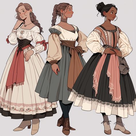 Clothing Studies Drawing, Simple Fantasy Outfits Drawing, Villager Outfit Drawing, Character With Cane Pose, Female Chef Character Design, Fanasty Outfits Drawing, Village Clothes Drawing, 1800 Character Design, Cottagecore Outfit Drawing