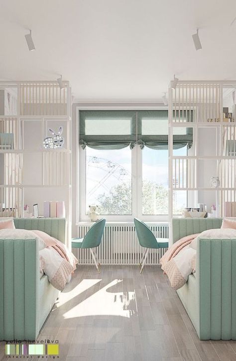 Bedroom Inspirations White, Sisters Bedroom Ideas, Twin Girl Bedrooms, Sister Bedroom, Shared Girls Room, Sister Room, Shared Girls Bedroom, Kids Room Interior Design, Kids Bedroom Inspiration