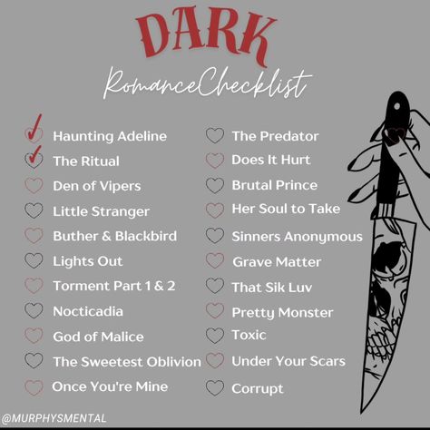 I made a checklist of all the dark romances that I want to read. 2 down many more to go 🤣 #bookstagram ##darkromance #darkromancebooks #kindle #kindleunlimited #romancebooks Dark Romance Book Checklist, Romance Book Checklist, Booktok Checklist, Bingo Books, Reading Romance Novels, Book Reading Journal, Dark Books, Dark Romance Books, Reading Romance