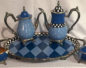 Teapot Crafts, Painted Home Decor, Mackenzie Childs Inspired, Whimsical Painted Furniture, Mckenzie And Childs, Painted Teapot, Silver Tea Set, Whimsical Furniture, Silver Teapot