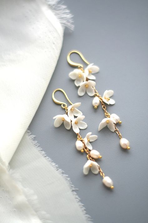 Long Pearl Earrings, Flower Bridal Earrings, Flower Wedding Earrings, White Floral Earrings - Etsy Flower Wedding Earrings, White Flower Necklace, Cute White Flower Earrings, Ethereal Earrings, Delicate Bridal Earrings, Wedding Earrings Bride, Flower Pearl Earrings, Long Bridal Earrings, Earring Inspo