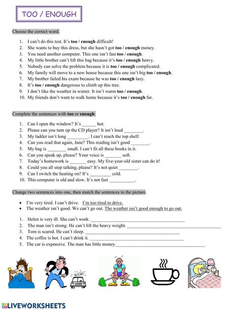 Too or enough online worksheet for grade 3 elementary. You can do the exercises online or download the worksheet as pdf. English Conversation Worksheets, Worksheet For Preschoolers, To Too Two, Worksheet Math, Worksheets For Grade 1, English Conversation Learning, English Grammar Exercises, Nouns And Pronouns, Worksheets For Grade 3