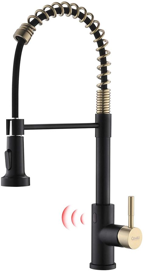 Kitchen Touchless Faucet, Black And Gold Sink Faucet, Black Sink Golden Faucet, Kitchen Gold Hardware Black Faucet, Motion Sensor Kitchen Faucet, Black Faucet With Gold Hardware, Black And Brass Kitchen Faucet, Gold And Black Kitchen Faucet, Kitchen Sink Fixtures