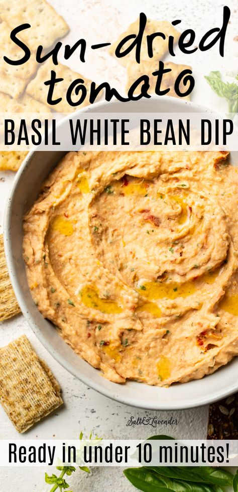 White Bean Dip With Roasted Tomatoes, Tomato Basil Dip, Basil Dip Recipes, Sun Dried Tomato Dip, Tomato White Bean, Basil Dip, White Bean Dip Recipe, Bean Dip Recipe, Vegan Dips