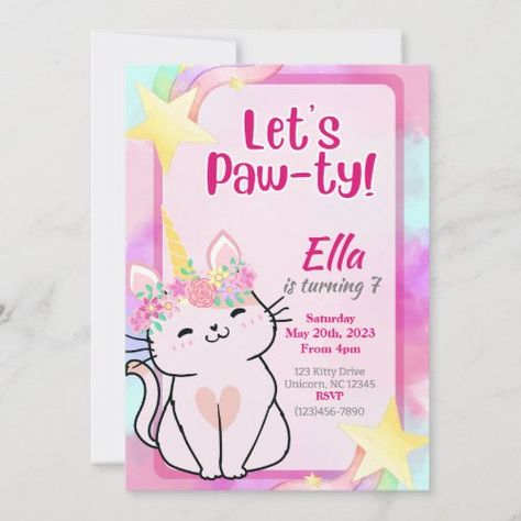 Kitty Corn Birthday Party, Kitty Unicorn Birthday Party, Kittycorn Birthday Party, Caticorn Birthday Party, Kitty Birthday Party Ideas, Pusheen Birthday, Unicorn Kitty, Cat Invitations, Rainbow Kittens