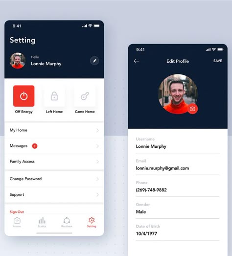 Setting Profile Screen Concept for Smart Home App UI Template Edit Profile Ui Design, User Profile Ui Design Mobile App, Profile Screen Mobile Ui, App Profile Design, Profile Ui Mobile, Profile App Ui, User Profile Ui Design, App Design Profile, Setting Ui