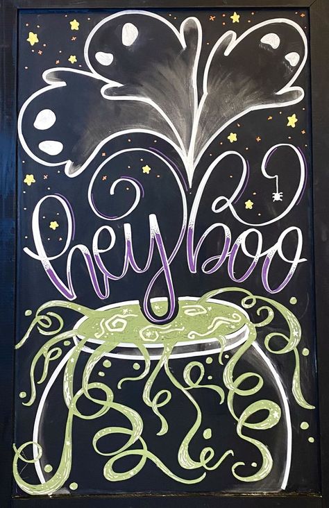 A Halloween-themed decorative chalkboard sign. "Hey Boo" is written in script above a bubbling cauldron, and three spooky ghosts fly above in the night sky Fall Chalkboard Art, Halloween Chalkboard Art, Chalk Wall Art, Chalkboard Art Diy, Fall Chalkboard, Chalkboard Art Quotes, Starbucks Art, Chalkboard Wall Art, Halloween Chalkboard