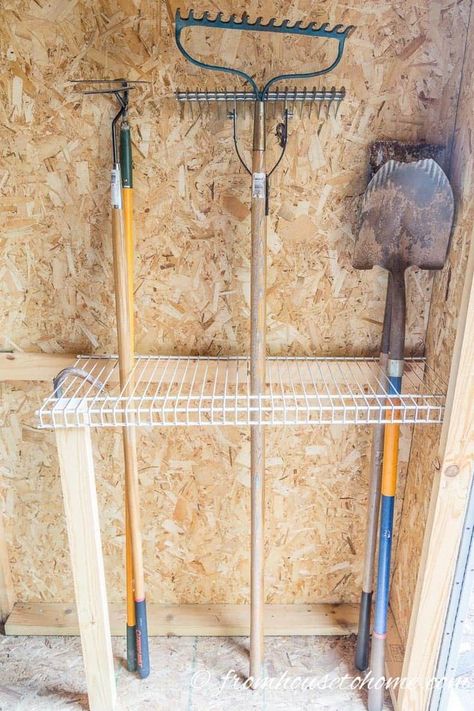 Using wire shelves to store tall garden tools like rakes and shovels is an awesome storage hack! Click through to find more clever tool storage and organization ideas. #fromhousetohome #gardentools #gardeningtips #storagetips #organizing #storageideas #summerinspiration Garden Tool Storage Ideas, Organize Garden Tools, Tool Shed Organizing, Tool Storage Ideas, Garden Tool Rack, Storage Shed Organization, Clutter Solutions, Garden Tool Organization, Shed Organization