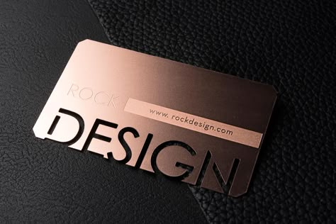 FREE Striking Rose Gold Metal Business Card Template- RockDesign Architecture Business Cards, Interior Designer Business Card, Stationery Business Card, Buisness Cards, Qr Code Business Card, Metal Business Cards, Name Card Design, Professional Business Card Design, Visiting Card Design