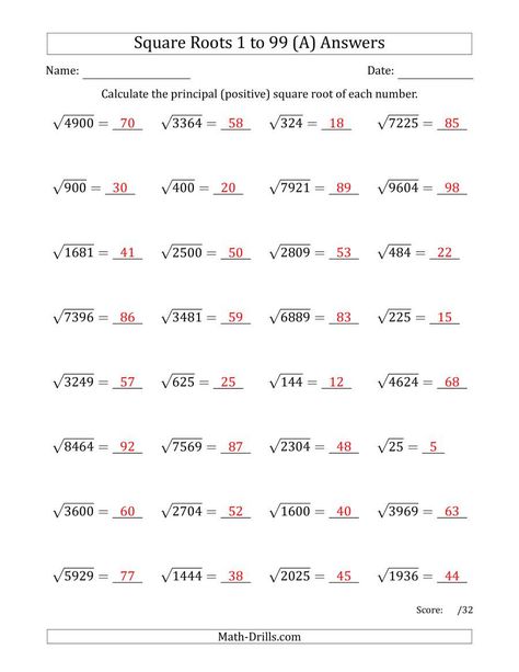 Square Root Worksheet Pdf Principal Square Roots 1 to 99 A Math Square Roots, Square Roots Worksheet, Estimating Square Roots, Area Model Multiplication, Proportions Worksheet, About Me Poster, Simple Fractions, Place Value Worksheets, Grade 6 Math