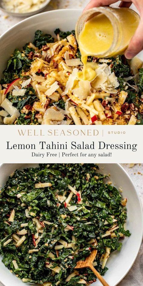 This smooth, creamy Lemon Tahini Dressing is not only fantastic on falafel and salads, but also drizzled over roasted vegetables, fish, chicken, and more. Be sure to use a high quality tahini for best flavor and results! GF, DF, Vegan #wellseasonedstudio #lemontahini #tahinidressing #saladdressing Roasted Vegetables And Chickpea Bowl With Maple Dijon Tahini Dressing, Recipes With Tahini, Jar Lunches, Tahini Salad, Tahini Salad Dressing, Tahini Dressing Recipe, Easy Salad Dressing Recipes, Roasted Root Veggies, Tahini Recipe