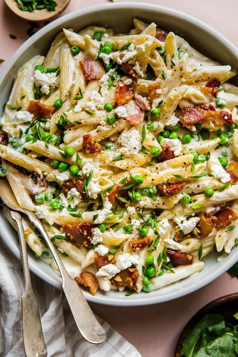 Peas Pancetta, Creamy Penne Pasta, Pancetta Pasta, Cheese Pasta Recipes, Pasta With Peas, Goat Cheese Pasta, Modern Proper, Salad Pasta, Low Carb Paleo