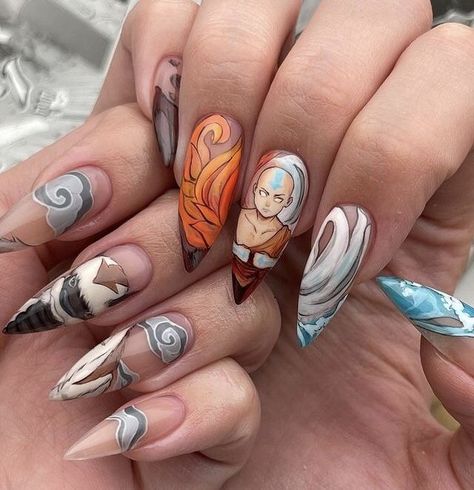 Anime Theme Nails, Avatar The Last Airbender Nails, Anime Themed Nails, Anime Nail Ideas, Nail Polish Art Designs, Nail Drawing, Anime Nails, Dope Nail Designs, Crazy Nails