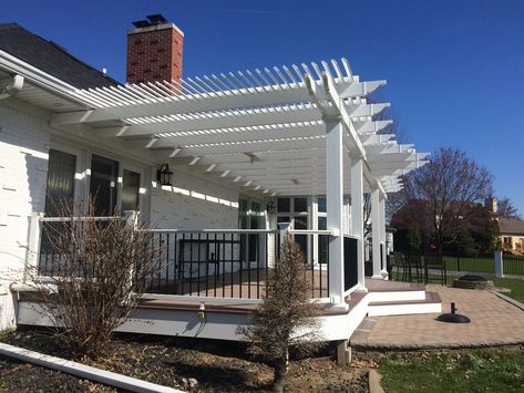 White Pergola Attached To House, Pergola Attached To Roof, Pergola Off House, Front Porch Columns, Attached Pergola, Vinyl Pergola, White Pergola, Vinyl House, Porch Columns