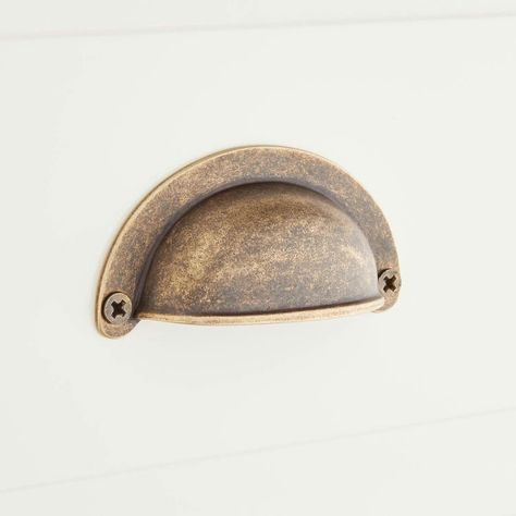 Ansel Brass Cup Pull - Mottled Brass | Signature Hardware Brass Cup Pulls, Cremone Bolt, Cabinet Cup Pulls, Cast Iron Tub, Brass Cabinet Pulls, Cabinet Drawer Hardware, Cup Pulls, Kitchen Hardware, Drawer Hardware