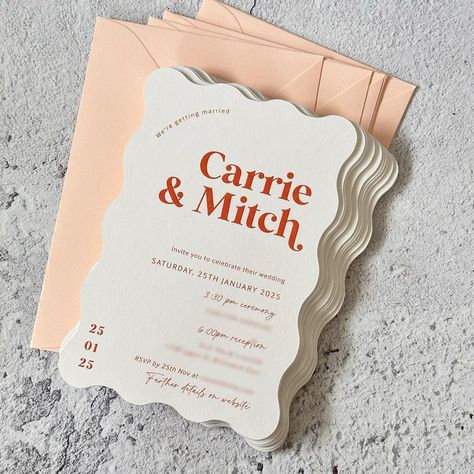 Wavy-shaped wedding invitations featuring bold burnt orange text on crisp white card, perfectly paired with peach envelopes 🍑✨ Shop our 'Camilla' collection online. . . . #WeddingInvitations #WeddingPlanning #WeddingStationery #BrideToBe #WeddingInspo #WeddingDetails #ElegantInvitations #WeddingStyle #WeddingTrends2024 #colourfulwedding #modernbride #InvitationDesign #weddingstory Invitation Creative, Creative Wedding Invitations, Wedding Invitations Online, Wedding Styling, Orange Wedding, Happy Birthday Parties, Elegant Invitations, Custom Wedding Invitations, Wedding Story