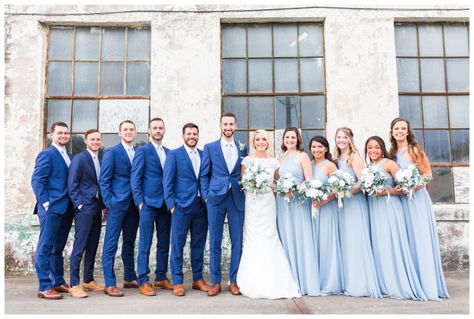 A Slate Blue Wedding at the Southern Bleachery | Yessica Grace PhotographyYessica Grace Photography Blue Tux Wedding, Navy Blue Suit Wedding, Blue Tuxedo Wedding, Slate Blue Wedding, Blue Tux, Light Blue Bridesmaid Dresses, Light Blue Bridesmaid, Baby Blue Weddings, Wedding Ceremony Ideas