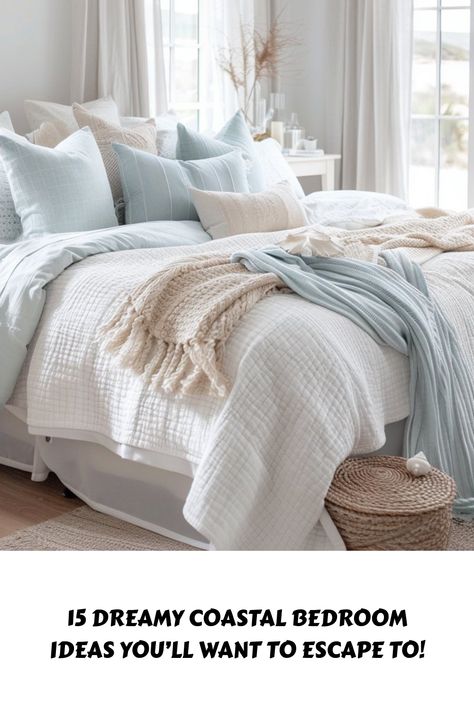 Turn your bedroom into a coastal paradise! 🌊 Discover 15 dreamy ideas that bring beachy vibes, soothing colors, and ocean-inspired decor to create the ultimate escape. #CoastalBedroom #HomeDecor #BeachyVibes Cream Coastal Bedroom, Coastal Bedding Ideas, Coastal Guest Bedroom Ideas, Layered Bedding Ideas, Spa Like Bedroom, Cozy Coastal Bedroom, Modern Coastal Bedroom Ideas, Coastal Guest Bedroom, Tan Bedding