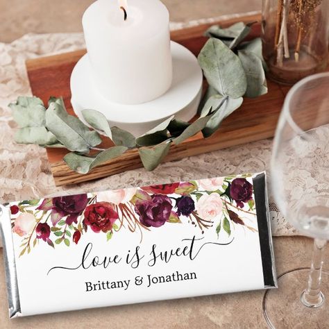 Watercolor Burgundy Floral Love is Sweet Wedding Hershey Bar Favors Candy Bar Wedding Favors, Candy Bar Wedding, Hershey Chocolate Bar, Wedding Chocolate, Personalized Candy, Hershey Bar, Chocolate Candy Bar, Hershey Chocolate, Candy Favors