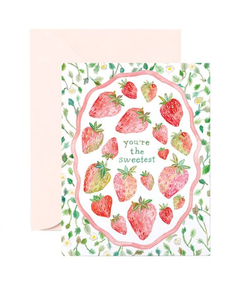 strawberry greeting card Strawberry Greeting Card, Sorority Letters Painted Ideas, Sorority Letters Painted, Hand Painted Cards, Berry Patch, Painted Cards, Diy Holiday Cards, Greeting Card Inspiration, Watercolor Birthday Cards