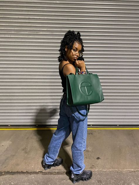 Telfar Small Bag Aesthetic, Dark Olive Telfar Bag Outfit, Big Telfar Bag, Telfar Bag Outfit, Enby Outfits, Black Bag Outfit, Telfar Bags, Telfar Bag, Dope Fits