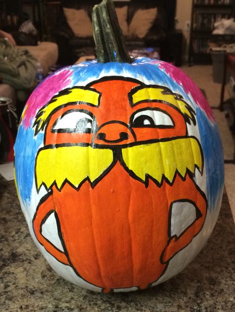 The Lorax pumpkin painted Lorax Pumpkin Painting, Shrek Pumpkin Painting, The Lorax Pumpkin, Western Pumpkin Painting Ideas, Lorax Pumpkin, Funny Pumpkin Painting Ideas, Pumpkin Carving Template, Pumpkin Painted, Painting Pumpkin