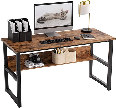 Desk Wood And Metal, Industrial Computer Desk, Bookshelf Office, Small Computer Desk, Open Bookshelves, Desk Writing, Desk Wood, Wood Writing Desk, Table For Small Space