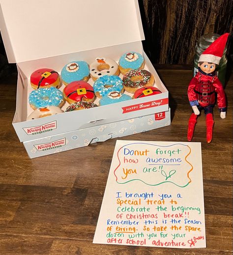 Donuts From Elf On The Shelf, Elf On The Shelf Donuts Ideas, Christmas Break Elf On The Shelf, Elf On Shelf Donut Ideas, Donut Elf On The Shelf Ideas, Sundays Are For Sundaes Elf, Christmas Morning Surprises For Kids, Donut Elf On The Shelf, Elf Donut Ideas