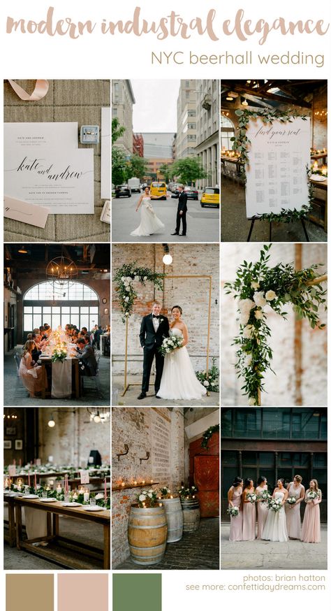 Get ideas for your Modern Industrial Elegant wedding theme. This NYC Beer Hall Wedding in gold, blush, neutrals and greenery color scheme palette is gorgeous! Click for more ideas.  #weddingtheme #weddingcolorscheme #weddingcolorpalette #colorpalette #industrialwedding #modernwedding #indoorwedding #weddingreception #goldwedding #weddingideas #confettidaydreams #wedding #elegantwedding #newyorkwedding #nycwedding #beerhallwedding #greenerywedding Industrial Theme Wedding, Industrial Elegant Wedding, Industrial Wedding Colors Palette, Elegant Industrial Wedding, Industrial Wedding Theme, First Apartment Together, Modern Wedding Theme, Industrial Wedding Decor, Elegant Wedding Themes