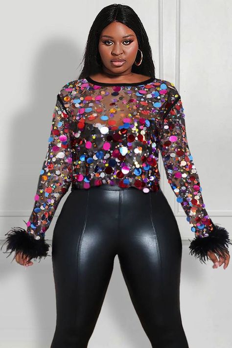 Xpluswear Design Plus Size Party Blouse Black Round Neck Disco Sequin Feather Mesh See-Through Blouse Black-2XL/18-20 PlusSizeSummerStyle #summervivibes #plussizefashionista #ootd #plussizequeen #plussize #summerfashion. https://whispers-in-the-wind.com/the-ultimate-plus-size-outfit-guide-summer-in-style/?662 Plus Size Disco Outfit Ideas, Plus Size Disco Outfit, 50th Birthday Outfits For Women Classy, Plus Size Vegas Outfits, 40th Birthday Outfits For Women, Plus Size Sequin Outfit, Plus Size Party Outfit, Usher Concert, New Years Eve Tops