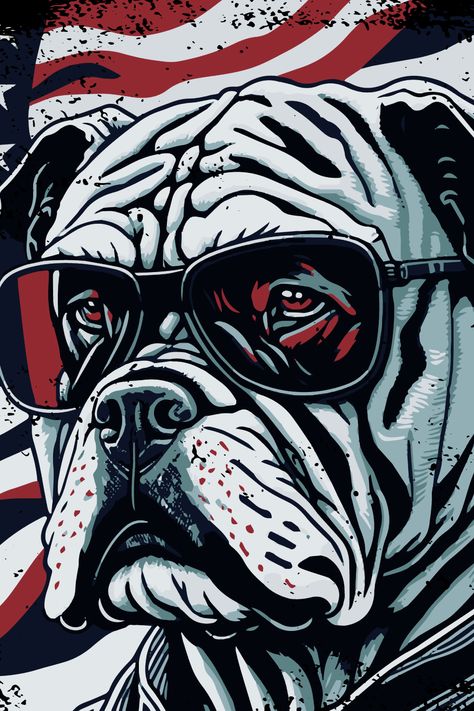 Cool patriotic bulldog artwork. #americanbulldog #americanbulldogsofinstagram #americanbulldogs #bulldogsofinstagram #bulldog #bulldogpuppy Bulldog Paintings On Canvas, Bulldog Wallpaper, Bulldog Images, Bulldog Artwork, Bulldog With Sunglasses, American Bull, American Bulldog, Bulldog Puppies, Dexter