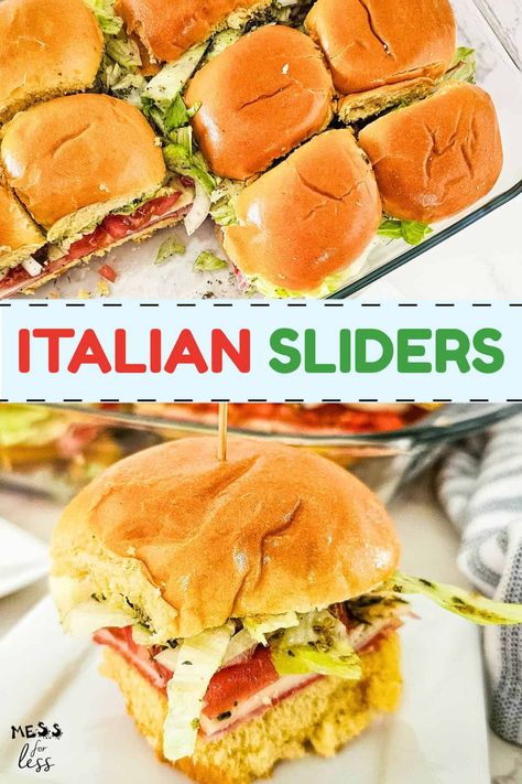 Italian Sliders in baking pan Boat Day Sandwiches, Easy Cold Slider Sandwiches, Cold Italian Sandwiches, Slider Sandwiches Cold, Easy Subs For Dinner, Sub Sandwiches For A Crowd, Cold Sandwich Ideas For Lunch, Light Summer Lunch Ideas, Cold Italian Sliders