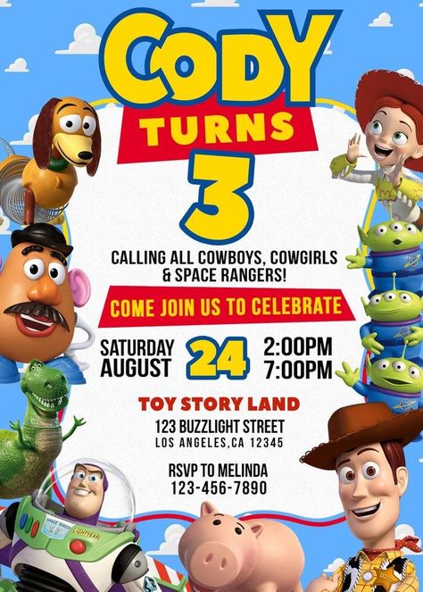 Story Invitation, Woody Birthday, Toy Story Invitations, Toy Story Party Decorations, Animals Quotes, Dibujos Toy Story, Toy Story Theme, Design Tattoos, Baby Birthday Themes