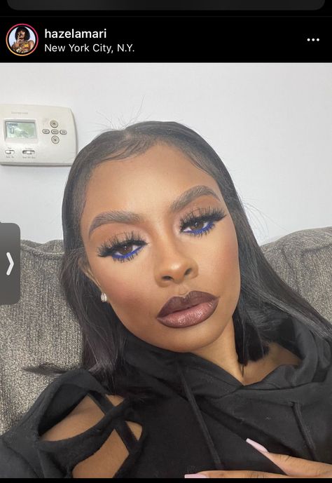 Royal Blue Under Eye Makeup, Natural Blue Eye Makeup Black Women, Makeup Looks With Blue Under Eye, Concert Makeup Looks Black Women, Simple Blue Makeup Looks Black Women, Blue Eyeliner Makeup Black Women, Blue Eyeshadow Under Eye, Blue Under Eye Makeup Black Women, Blue Prom Makeup Black Women