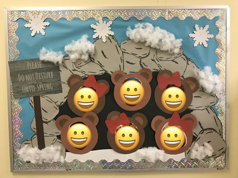 Do not disturb until spring bulletin board. I used my students faces as the bears in the cave! 🐻 Cave Bulletin Board, Bulletin Board Ideas For January, Bear Door Decoration Preschool, Brown Bear Classroom Door, Brown Bear Bulletin Board, Bear Cave Bulletin Board, Bear Bulletin Board, Bear Bulletin Board Ideas, Dayhome Ideas