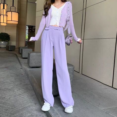 Lavender Outfit Aesthetic, Pastel Business Casual, Purple Trousers Outfit, Purple Top Outfit, Purple Pants Outfit, Lavender Outfit, Fitness Wear Outfits, Pastel Outfit, Purple Pants