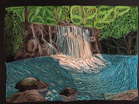 Paper Quilling Landscape, Quilling Landscape, Paper Waterfall, Quilling Painting, Tropical Waterfall, Quilling Birthday Cards, Waterfall Ideas, Rolled Paper Art, Paper Quilling Flowers