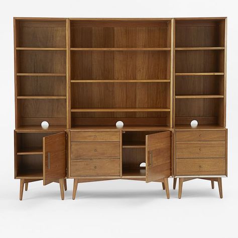 Build Your Own - Mid-Century Media - Acorn, Entertainment Center | West Elm Mid Century Built Ins, Mid Century Office Ideas, Mid Century House Interior, Modern Bookcase Wall, Mid Century Bookshelf, Mid Century Modern Eclectic, Family Room Storage, Mid Century Modern Bookshelf, Modern Eclectic Living Room