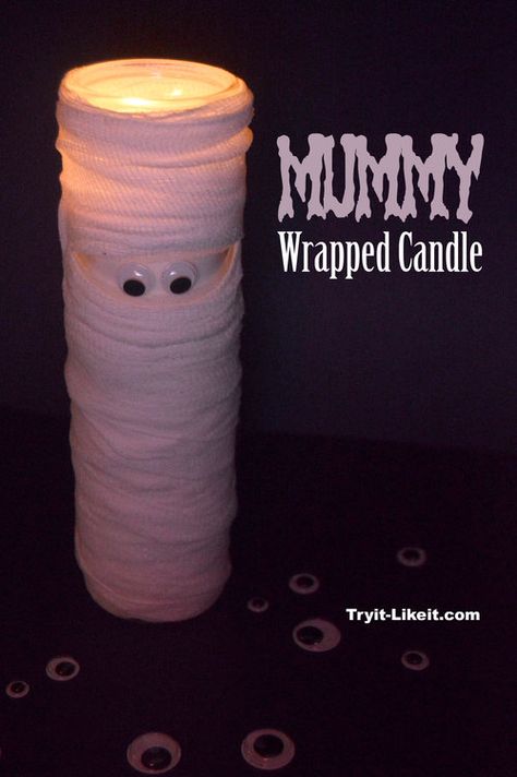 Mummy Wrapped Candle DIY | Try It - Like It :: craft, eat, read, buy, win, link Mummy Candles, Googly Eye Crafts, Mummy Wrap, Craft Halloween, Candle Diy, Random Crafts, Holiday Crafts Diy, Candle Wrap, Halloween Everyday