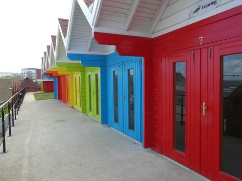 Beach Huts at Scarborough - UK Lite Bright, Beach Cabanas, Umbrella Chair, Fishing Shack, Rainbow Beach, Place Making, Beach Cabana, Beach Cabin, Surf Shack