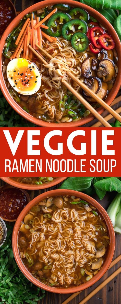 ramen noodle soup with fresh vegetables and soft boiled egg Ramen With Kale, Ramen And Veggies, Veggie Ramen Broth, Healthy Ramen Noodle Recipes Vegetarian, Spinach Ramen Noodle Recipes, Healthy Ramen Bowls, Ramen Vegetable Soup, Meatless Ramen Recipes, Raman Noodles Bowl Recipe