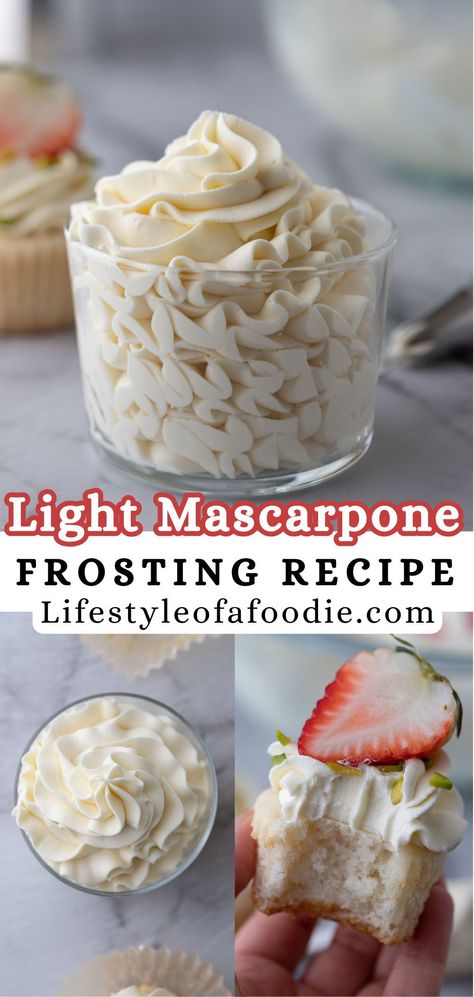 This mascarpone cake frosting recipe is smooth and creamy thanks to the higher fat content of both the mascarpone and the heavy cream used in this recipe. It yields a light and airy frosting that will not overpower your cakes and cupcakes but take them to a completely new level! Light Frosting Recipe, Cinnabon Frosting Recipe, Best Vanilla Frosting, Low Sugar Frosting, Marscapone Frosting, Mascarpone Frosting Recipe, Mascarpone Cake, Mascarpone Recipes, Mascarpone Frosting