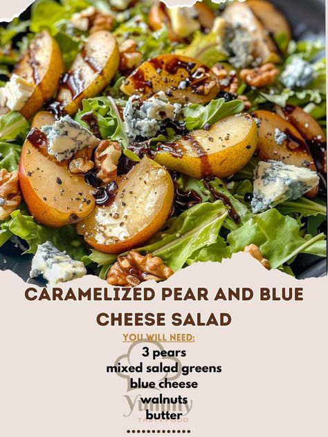 🍐🧀 Indulge in a divine blend of sweet pears and tangy blue cheese in this elegant salad! #PearBlueCheeseSalad #GourmetSalad 🍽️ Caramelized Pear and Blue Cheese Salad 🛒 Ingredients: 3 pears (about 500 grams), cored and sliced 150 grams mixed salad greens 100 grams blue cheese, crumbled 50 grams walnuts, toasted 30 grams butter 2 tablespoons brown sugar (30 grams) Dressing: 30 ml balsamic vinegar 60 ml olive oil Salt and pepper to taste 👩‍🍳 Instructions: Caramelize Pears: Melt butter in a p... Pear Walnut Blue Cheese Salad, Carmelized Pears, Toss Salad, Pear Walnut Salad, Pear And Blue Cheese Salad, Pear And Blue Cheese, Elegant Salad, Caramelized Pear, Main Salad