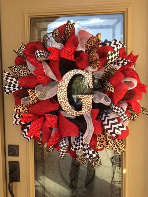 Leopard Print Wreath, Cheetah Print Christmas Wreaths, Red Burlap Wreath, Red Burlap Christmas Wreath, Red Party Decorations, Leopard Print Ribbon Wreath, Mesh Christmas Tree, Burlap Christmas Wreath, Football Wreath