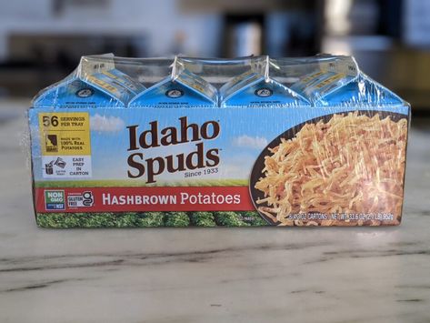 Costco Hashbrown Potatoes - Idaho Spuds - Review - Costco Food Database Idaho Spuds Recipes, Idaho Spuds Hashbrown Casserole, Costco Hashbrowns Recipes, Idaho Spuds Hashbrown Recipes, Dehydrated Hashbrowns Recipes, Hashbrown Potatoes, Potato Box, Costco Food, Dehydrate Potatoes