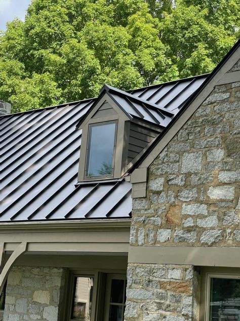 Dark Exterior House Colors, Dark Exterior House, Metal Roof Houses, Learn Interior Design, Reducing Carbon Footprint, Standing Seam Roof, Metal Roofs, Roofing Options, Standing Seam Metal Roof