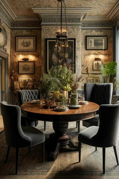 7 Essential Dark Academia Decor Tips to Transform Your Home - Sweet Magnoliaa Moody Historic Home, Dark Academia Dining Room Aesthetic, Dark Academia Wedding Ideas, Dark Academia Dining Table, Round Dining Table Inspiration, Grandeur Aesthetic, Academia Dining Room, Dark Vintage Home Decor, Academia Home Aesthetic