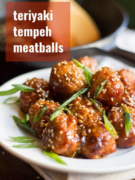 These tempeh meatballs are coated in a sweet and savory Asian teriyaki glaze. Serve them up with veggies and rice for a hearty vegan main dish, or alone as a scrumptious party appetizer! #veganrecipes #tempeh #veganmeatballs Tempeh Meatballs, Teriyaki Tempeh, Meatless Meatloaf, Vegan Tempeh, Vegetarian Meatballs, Teriyaki Glaze, Tempeh Recipes, Vegan Meatballs, Vegan Entrees