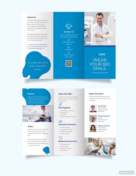 Dental Brochure Design, Dental Brochure, Happy Dental, Dental Health Activities, Medical Website Design, Ppt Template Design, Modern Brochures, Trifold Brochure Design, Marketing Brochure