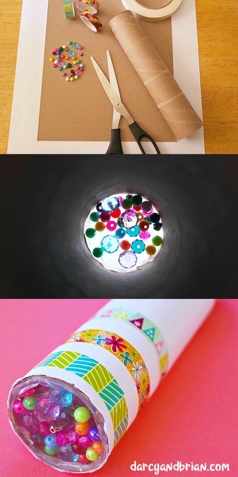 Looking for a fun kids project? Inspire creativity with this easy homemade kaleidoscope craft using a paper towel tube (or another cardboard tube), beads, and aluminum foil. Kids crafts are the perfect, low cost family activity. This is fun for preschool children, but they will need assistance to assemble it. Click to get printable instructions. Telescope For Preschoolers, Paper Towel Roll Telescope, Paper Towel Roll Kaleidoscope, What To Do With Paper Towel Tubes, Telescope Craft For Kids, Paper Tube Art Projects, Homemade Telescope, Diy Kelidoscope, Kalediscope Diy